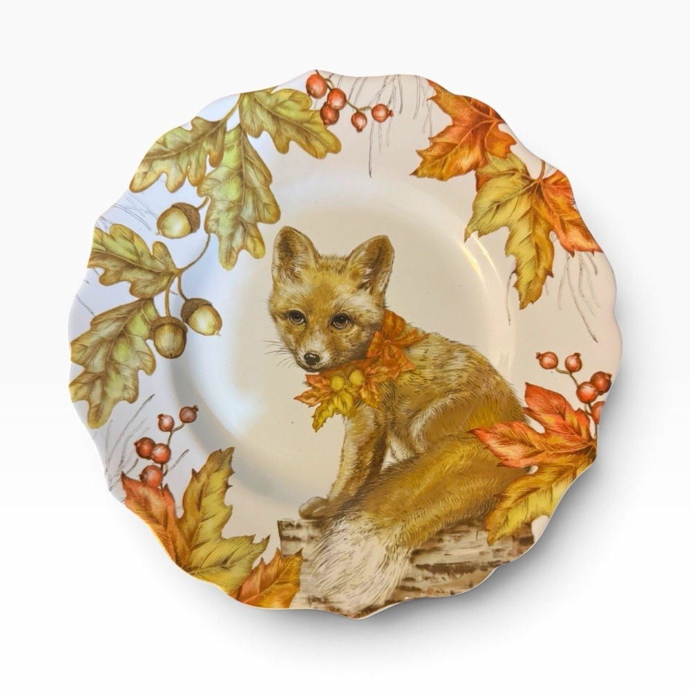 Vintage Fall Pier 1 Fox Fall Leaves Round Salad Plates Set of 2 Thanksgiving